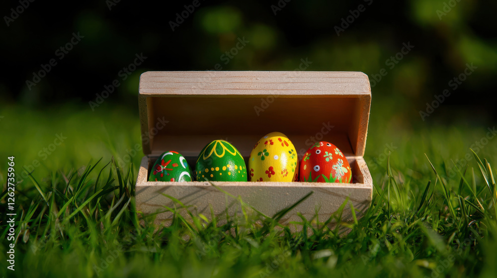 Wall mural Hand painted wooden Easter eggs in decorative gift box on grass