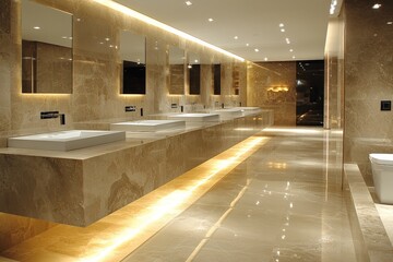 Luxurious modern restroom with marble finishes and elegant lighting at a high-end venue