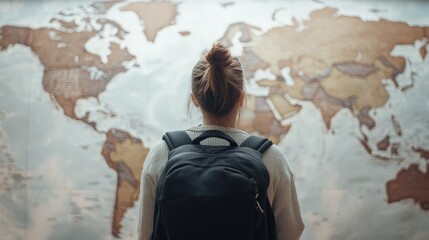 Young student with backpack choosing travel destination looking at world map hanging on wall, planning trip and making decision about country to visit during summer vacation