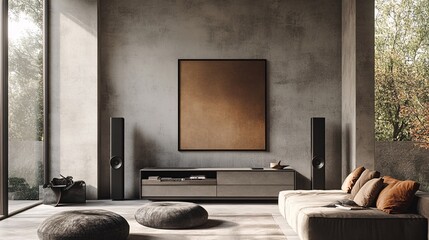 Grey-toned gallery room featuring a drawer with decor and a mockup frame on the wall, creating a modern, clean aesthetic for interior design visuals.