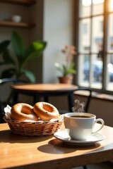 Obraz premium Aromatic Coffee and Fresh Baked Goods Enjoyed in a Sunny Cafe Setting