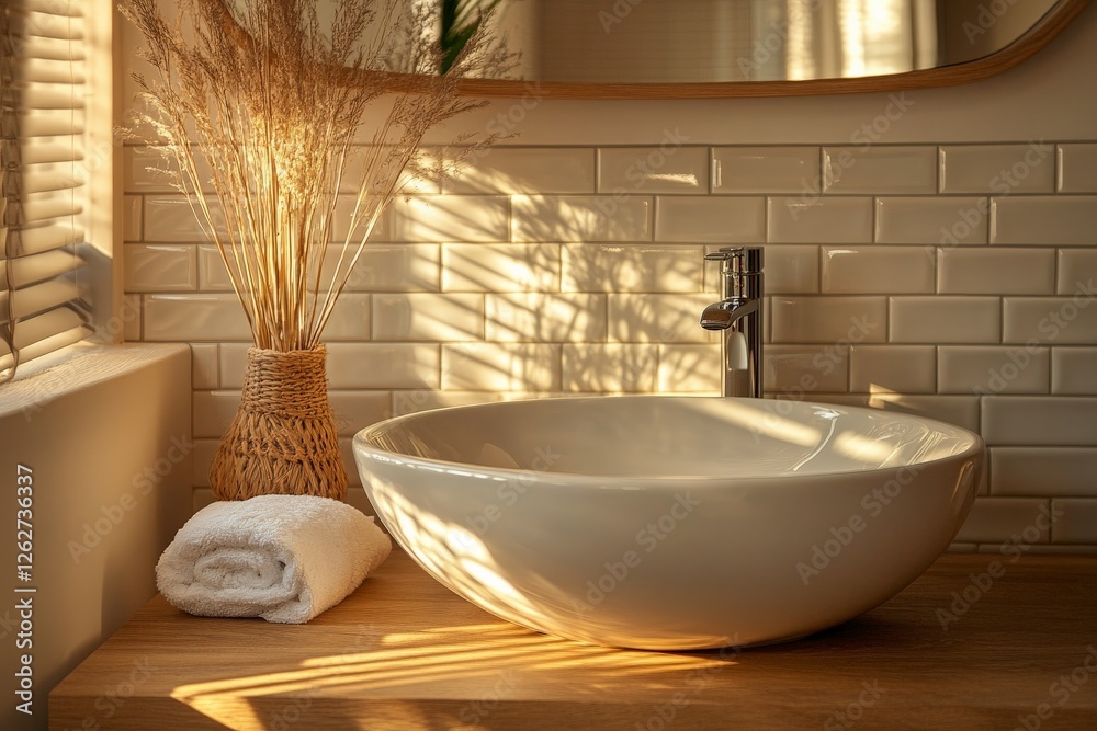 Poster Simple bathroom setting with natural light illuminating sink and decor for a tranquil atmosphere