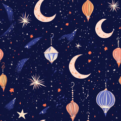 Naklejka premium A magical night sky pattern featuring crescent moons, floating lanterns, and shooting stars