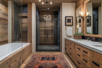 Modern bathroom featuring wood accents and contemporary design elements with stylish lighting and decor