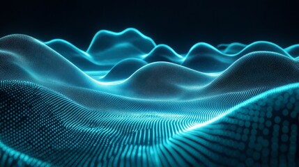 Fototapeta premium Abstract blue digital landscape with glowing dots and waves