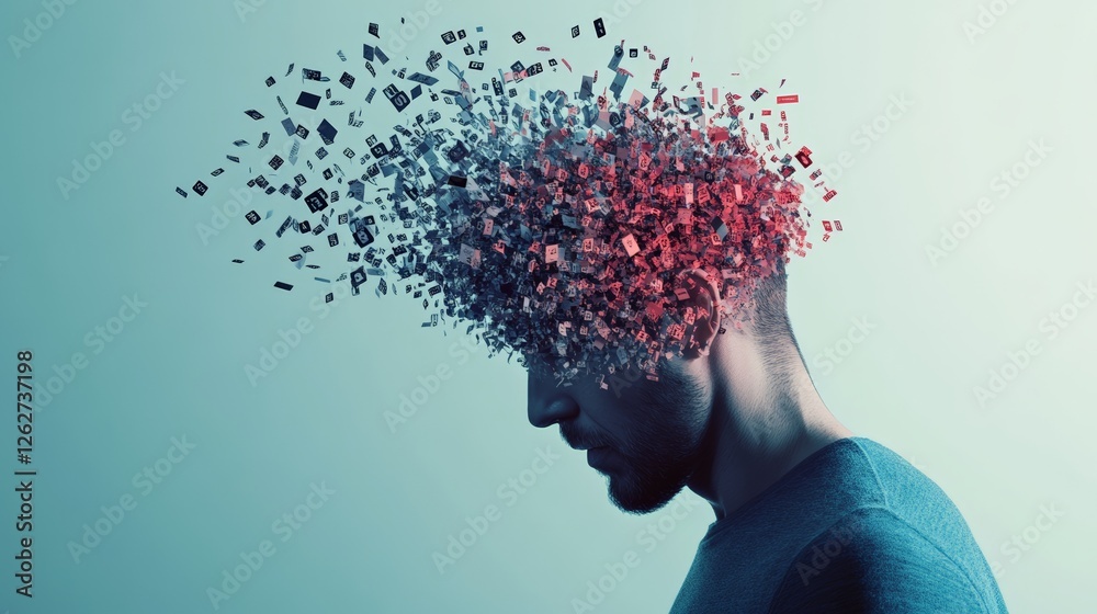 Poster man experiencing information overload and burnout, symbolized by his head exploding into small fragm