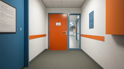 Hallway interior with doors, handrails, and informational signage provides a clean and organized passage in a healthcare or institutional setting.