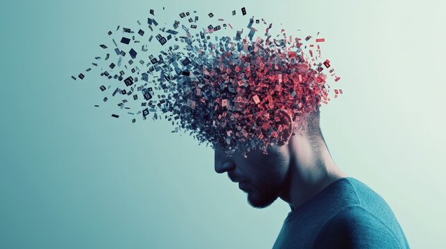 Man experiencing information overload and burnout, symbolized by his head exploding into small fragments of data, representing stress, migraine, and mental health challenges