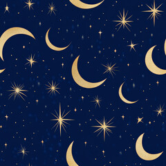 Fototapeta premium A delicate moon and star pattern with elegant golden outlines on a deep indigo sky