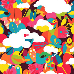 Naklejka premium A vibrant shape-shifting world pattern where kids can transform into birds, clouds, or flowers with a touch of magic