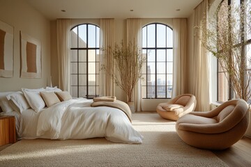 Cozy and serene bedroom featuring large windows and modern furnishings in a stylish urban loft