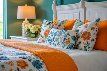 Cozy bedroom featuring floral decor and warm colors in a modern home setting with natural light