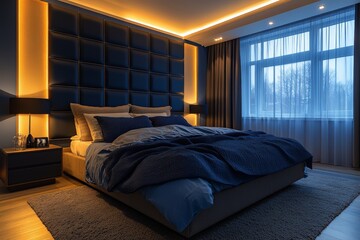 Fototapeta premium Cozy and modern bedroom design featuring soft lighting and a serene ambiance in the evening