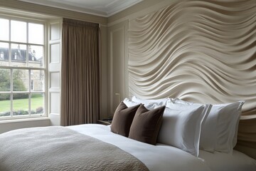 Fototapeta premium Elegant bedroom with textured wall and garden view during daylight hours