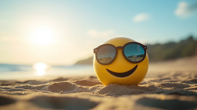Smiley face with sunglasses on beach. Happy and carefree vibes under the bright sun, perfect for summer vacation. Relaxing seaside scene.