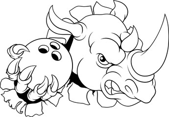 A Rhino Rhinoceros mean tough cartoon sports animal mascot holding a Bowling ball