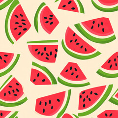 A playful watermelon slice pattern with bright red fruit, green rinds, and black seeds