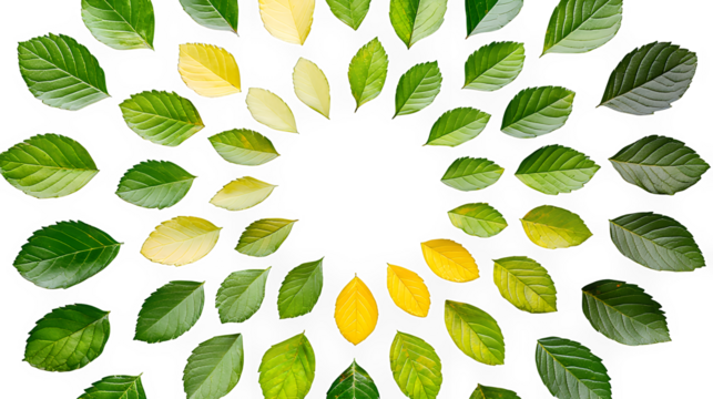 green and yellow leaves arranged in a circle on a transparent background, PNG image, PNG file, Generative art.