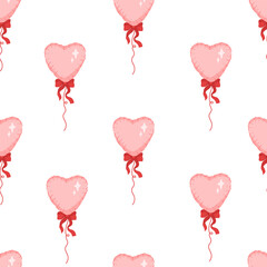 Seamless pattern of Heart shaped pink balloon with red cute ribbon bow. Symbol of love. Trendy background with helium balloon. Holiday backdrop. Party decor for wedding, birthday, valentine day