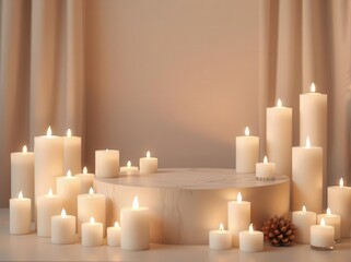 Empty podium surrounded by glowing candles in a warm ambiance.