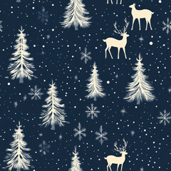 A dreamy snowy forest pattern with deer, fir trees, and falling snowflakes