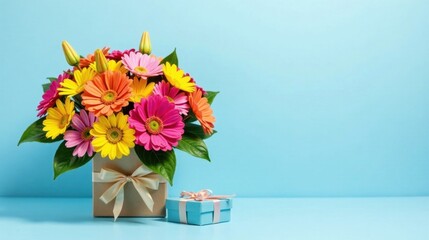 Vibrant Gerbera Daisies in a Gift Box with a Small Present Beside It on a Light Blue Background