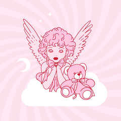 Pink girly angel with teddy bear for valentine card template. Coquette cupid with bow and cloud in elegant contour groovy style. Vector illustration.