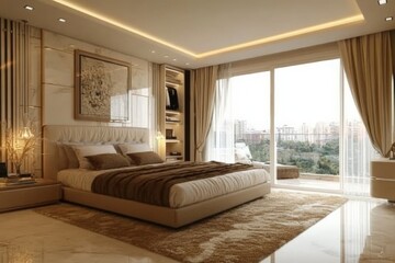 Elegant modern bedroom design featuring large windows and city view during daylight hours