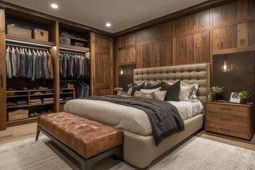 Modern bedroom with wooden accents and elegant interior design featuring organized closet space and cozy bedding