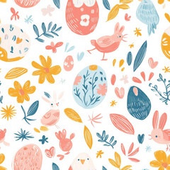 Fototapeta premium A cute hand-painted Easter egg pattern with bunny, chick, and flower doodles