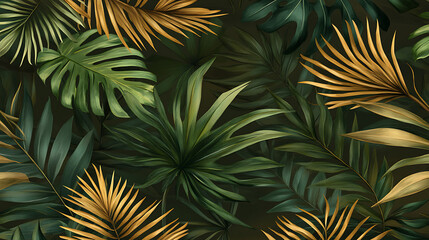 Naklejka premium Lush Tropical Foliage in Botanical Backdrop Featuring Monstera Palm and Golden Leaves for Serene Decor