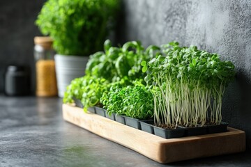 Fresh microgreens and herbs growing in black trays on a wooden board in a modern kitchen