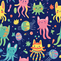 Fototapeta premium A cheerful space pet pattern where kids have adorable alien pets