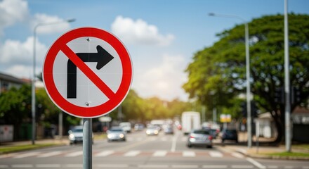No Right Turn Sign at City Intersection with Traffic and Trees