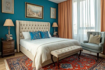 Fototapeta premium Elegant bedroom interior featuring a large bed, decorative accents, and stylish furnishings in a modern apartment setup