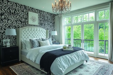 Modern bedroom design with elegant chandelier and large windows overlooking green landscape