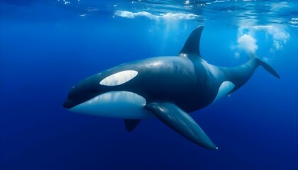 Naklejka premium an orca whale swims in the blue water