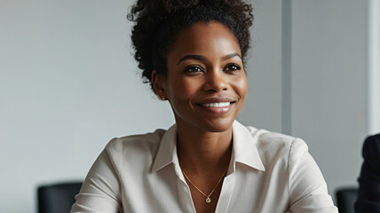Professional woman smiling confidently in bright office environment.