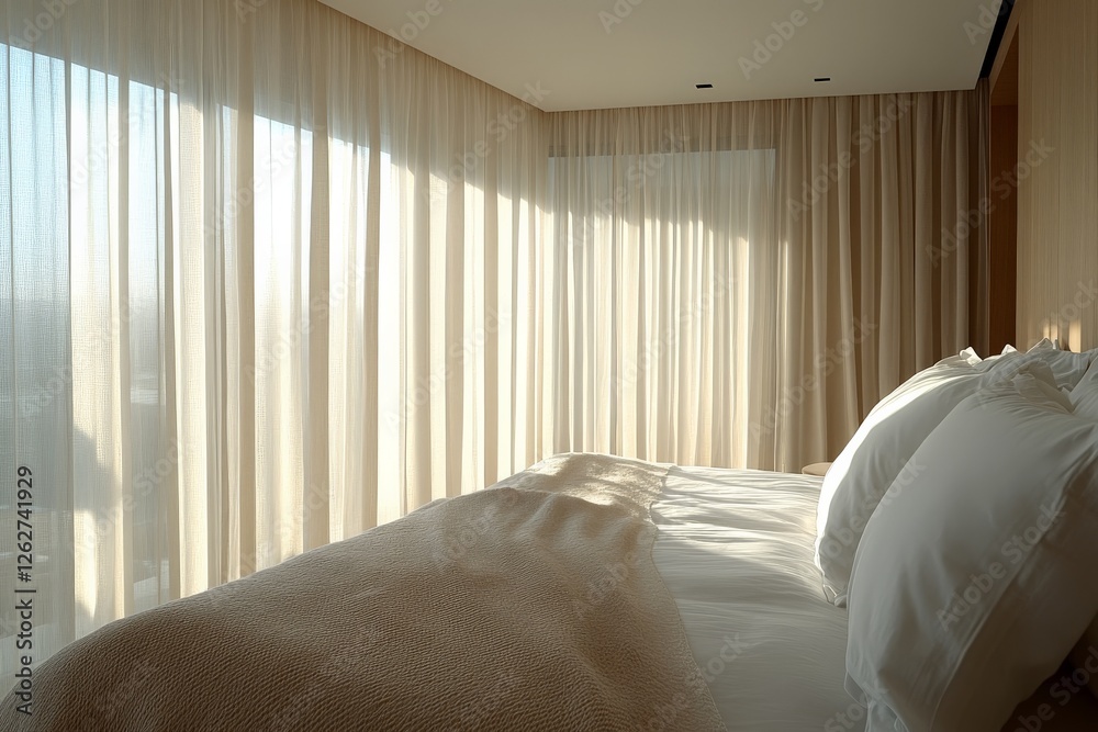 Aufkleber soft morning light filters through sheer curtains in a serene bedroom setting, creating a tranquil a
