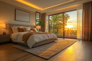 Obraz premium Beautiful modern bedroom with sunset view and warm lighting in a tranquil setting