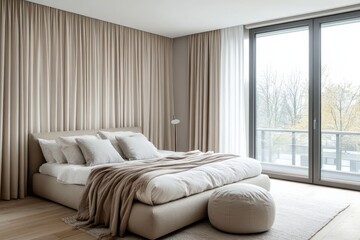Cozy modern bedroom with neutral tones and large windows overlooking a tranquil outdoor view