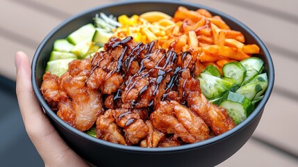 Fototapeta premium Teriyaki Chicken Bowl with Fries & Cucumber