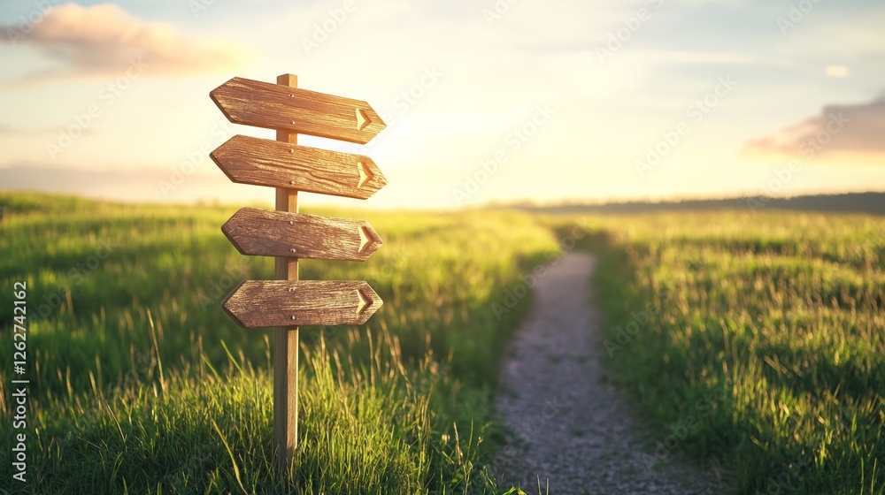 Poster four wooden arrows on a signpost point in different directions, symbolizing choices and decisions ag