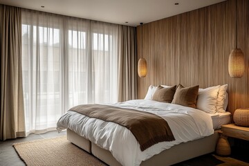 Cozy bedroom with natural decor and soft lighting in a modern home setting during daylight hours