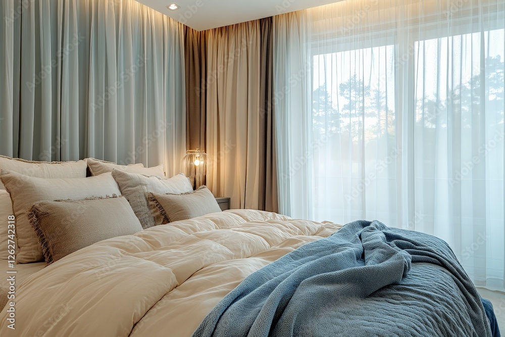 Aufkleber cozy and elegant bedroom featuring soft linens and large windows with natural light in a serene sett