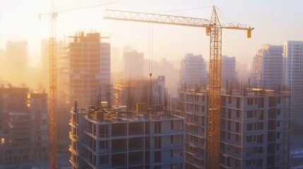 Construction progress in a bustling city during sunrise with cranes towering over the skyline. Generative AI
