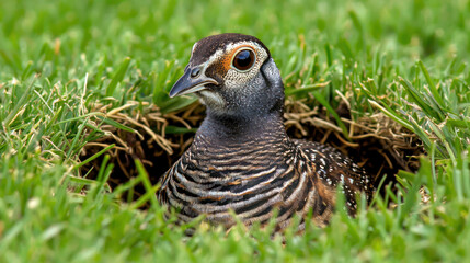 quail peeks out from grassy burrow, showcasing its unique markings and vibrant eyes. This moment captures essence of wildlife