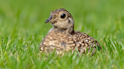 quail resting in green grass, showcasing its unique feathers and curious expression