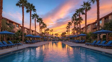 Fototapeta premium Desert resort pool at sunset with palm trees and umbrellas