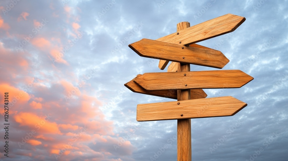 Poster Wooden signpost with multiple arrows pointing in different directions against a dramatic sunset sky, representing choice, decision making, and the concept of fobo - fear of better option -